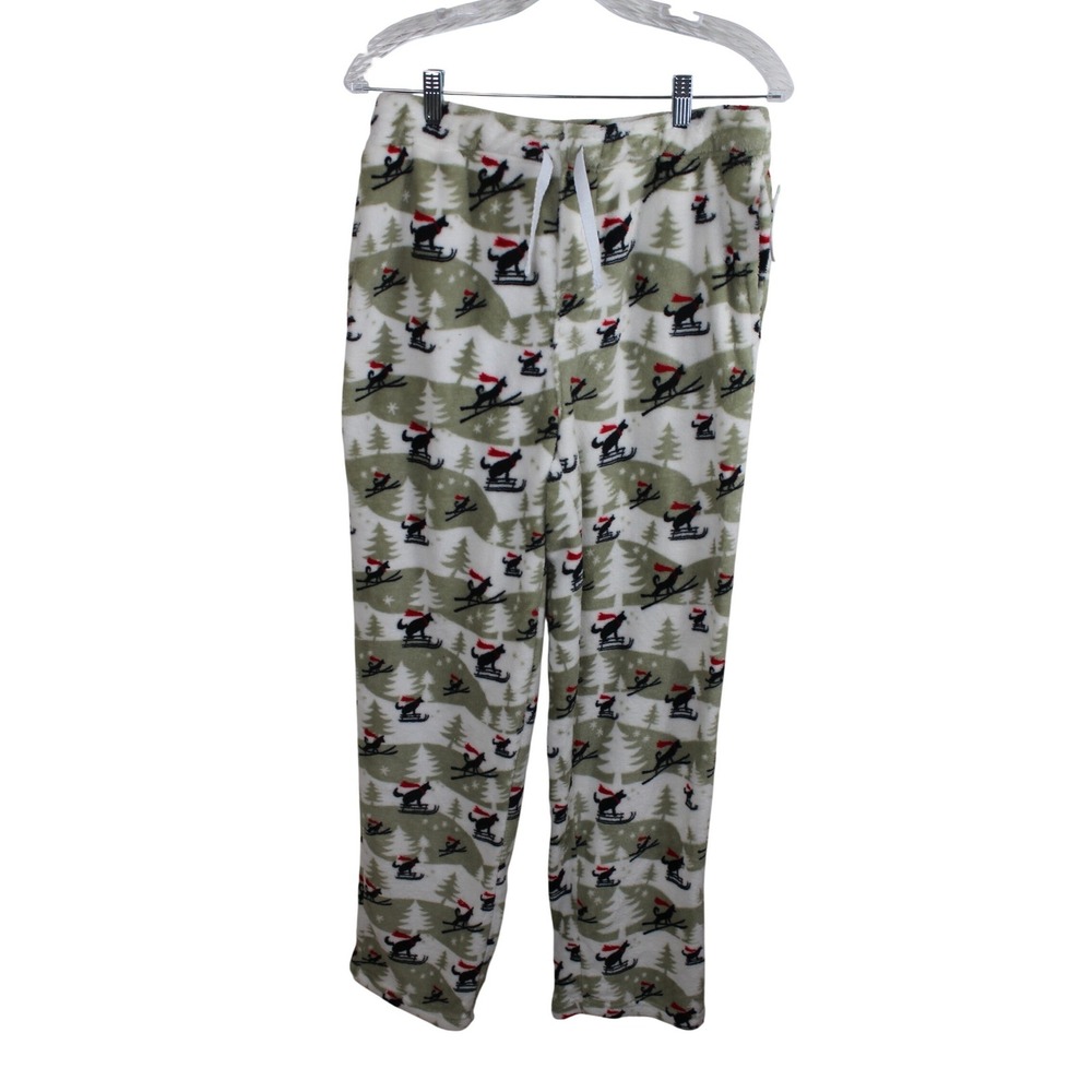 Joe Boxer Mens Plush Fleece Pajama Pants Green‎ Skiing Dogs Holiday M KP7998